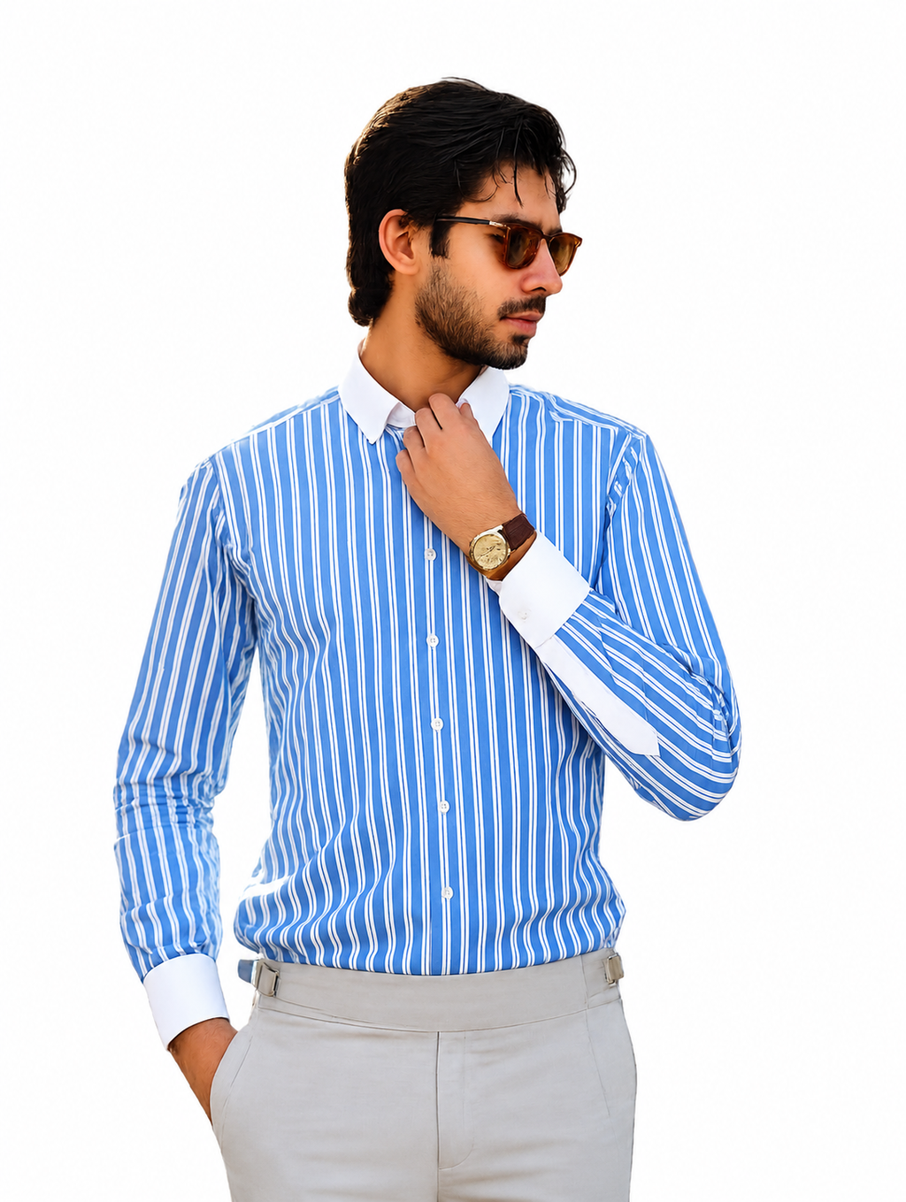 Formal Sky Blue Shirt with White Lines