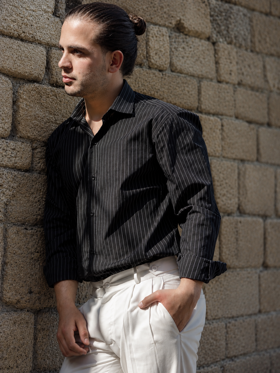 Formal Black Shirt with White Lines