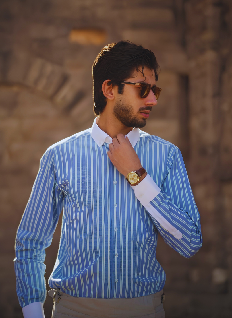 Formal Sky Blue Shirt with White Lines