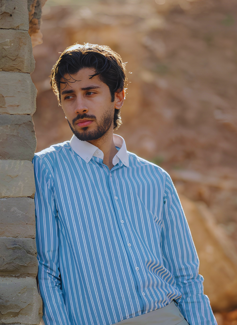 Formal Sky Blue Shirt with White Lines