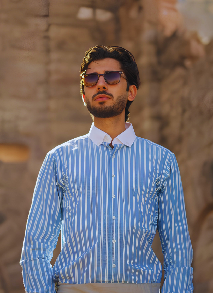 Formal Sky Blue Shirt with White Lines